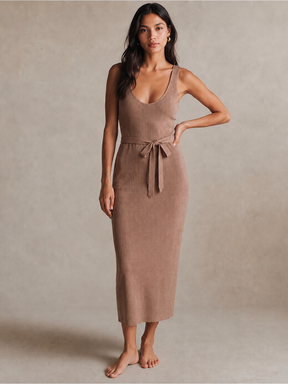 RW&CO. Ribbed Sleeveless Midi Dress in Taupe